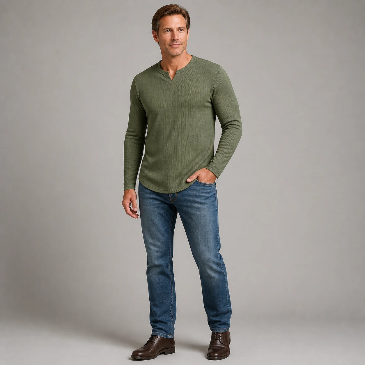 Mature model wearing the olive ribbed split V-neck shirt