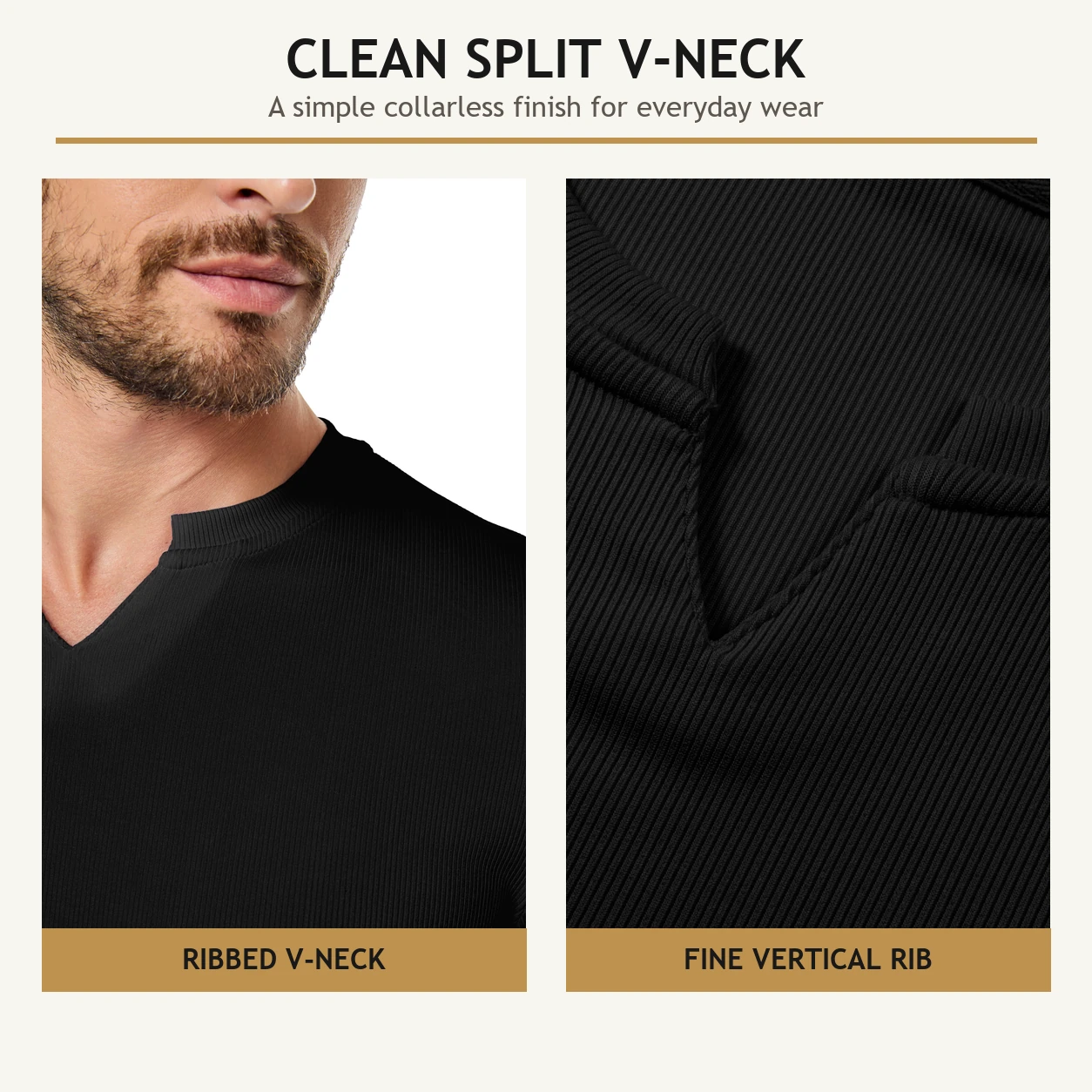 Split V-neck and fine vertical rib construction details