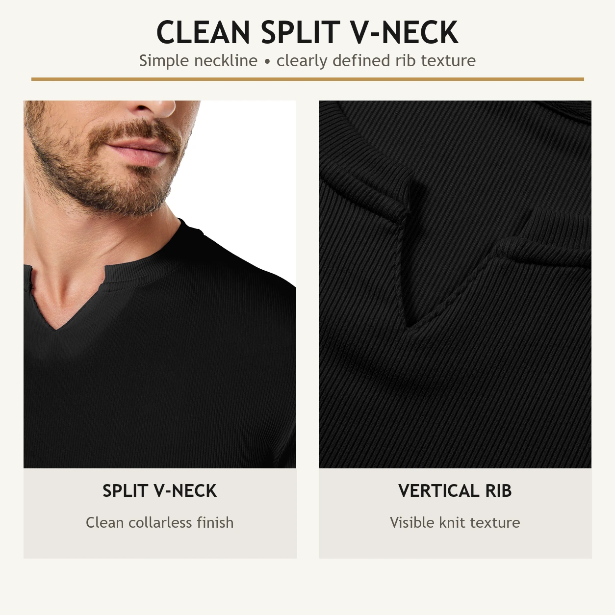 Split V-neck and vertical rib construction close-ups