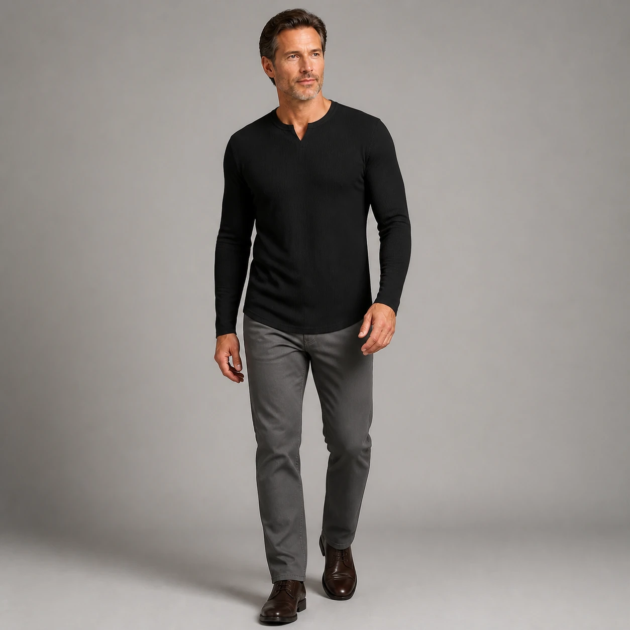 Black split V-neck long sleeve shirt secondary cover