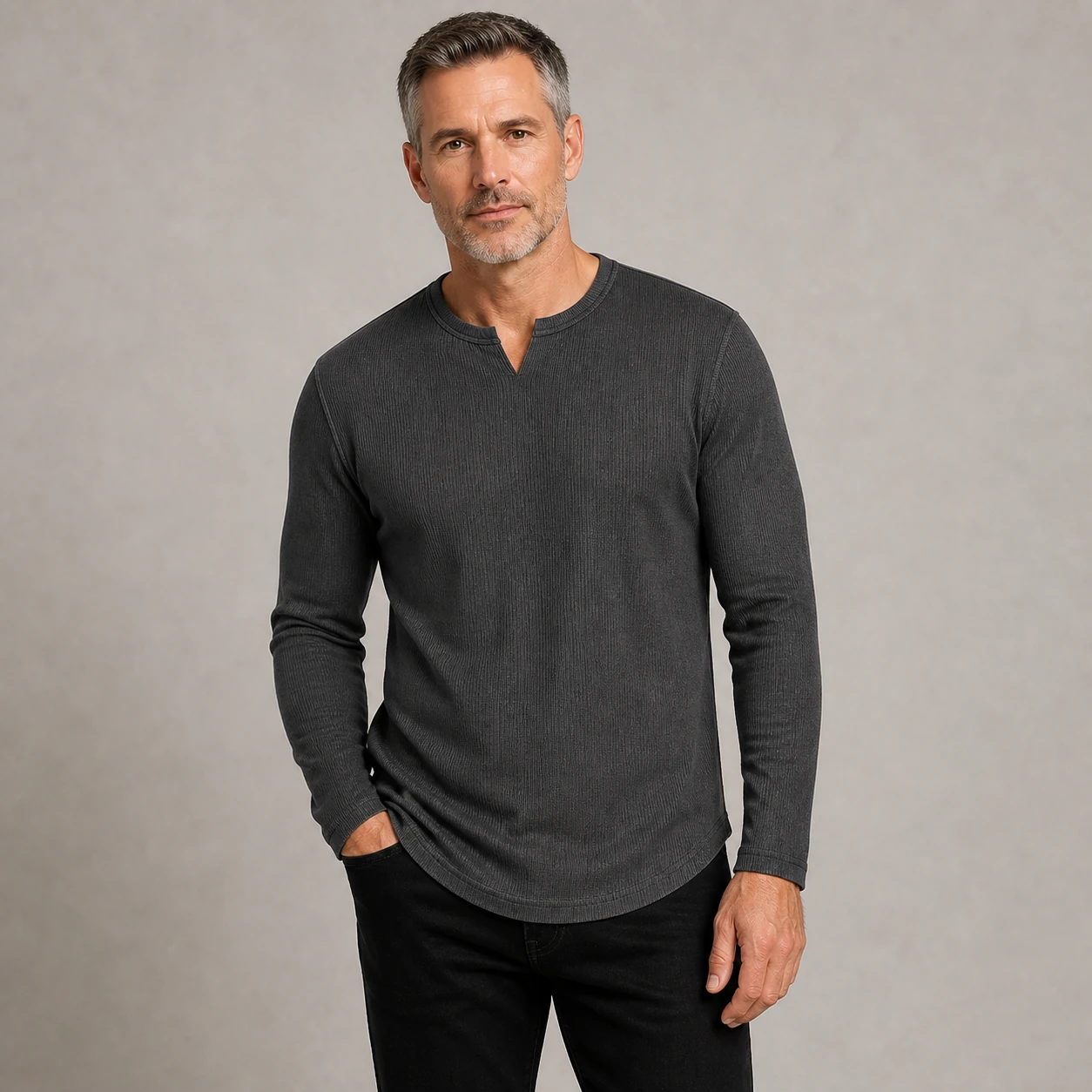 Mature model wearing the Dark Grey ribbed split V-neck shirt