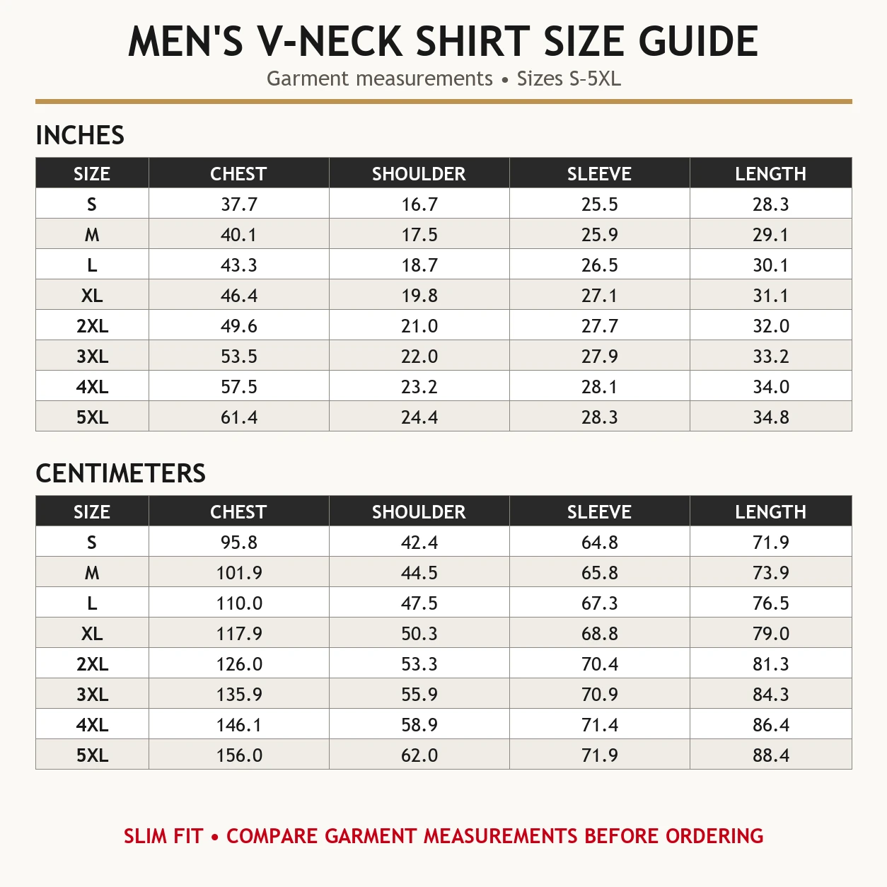 Men's split V-neck shirt size chart from S to 5XL