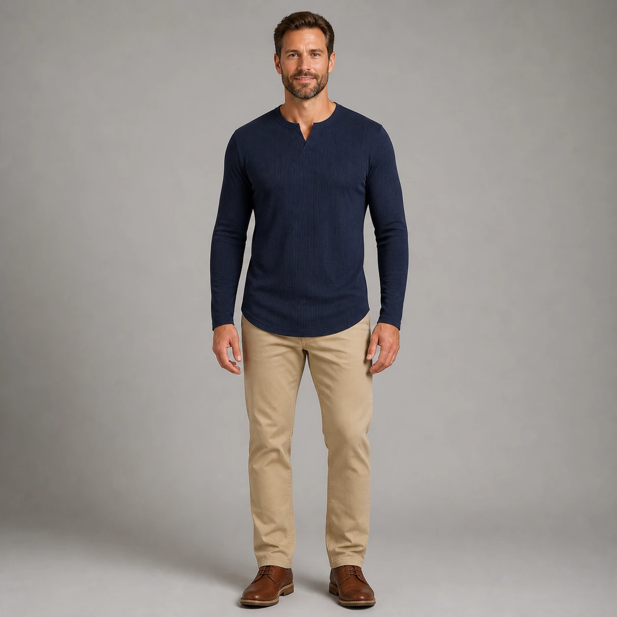 Mature model wearing the Navy Blue ribbed split V-neck shirt