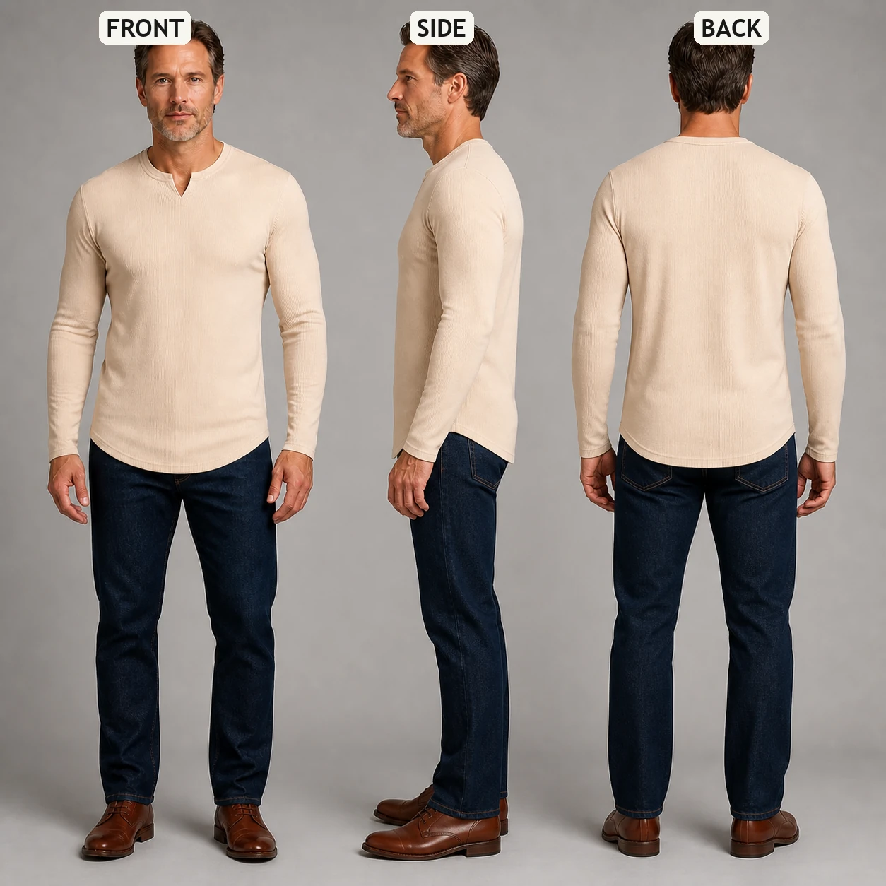 Front side and back fit views of the Beige split V-neck shirt