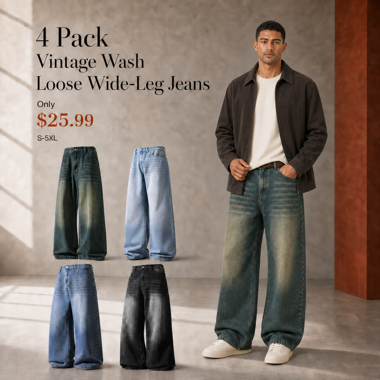 Men's Vintage Wash Loose Wide-Leg Jeans - 4 & 6 Pack
