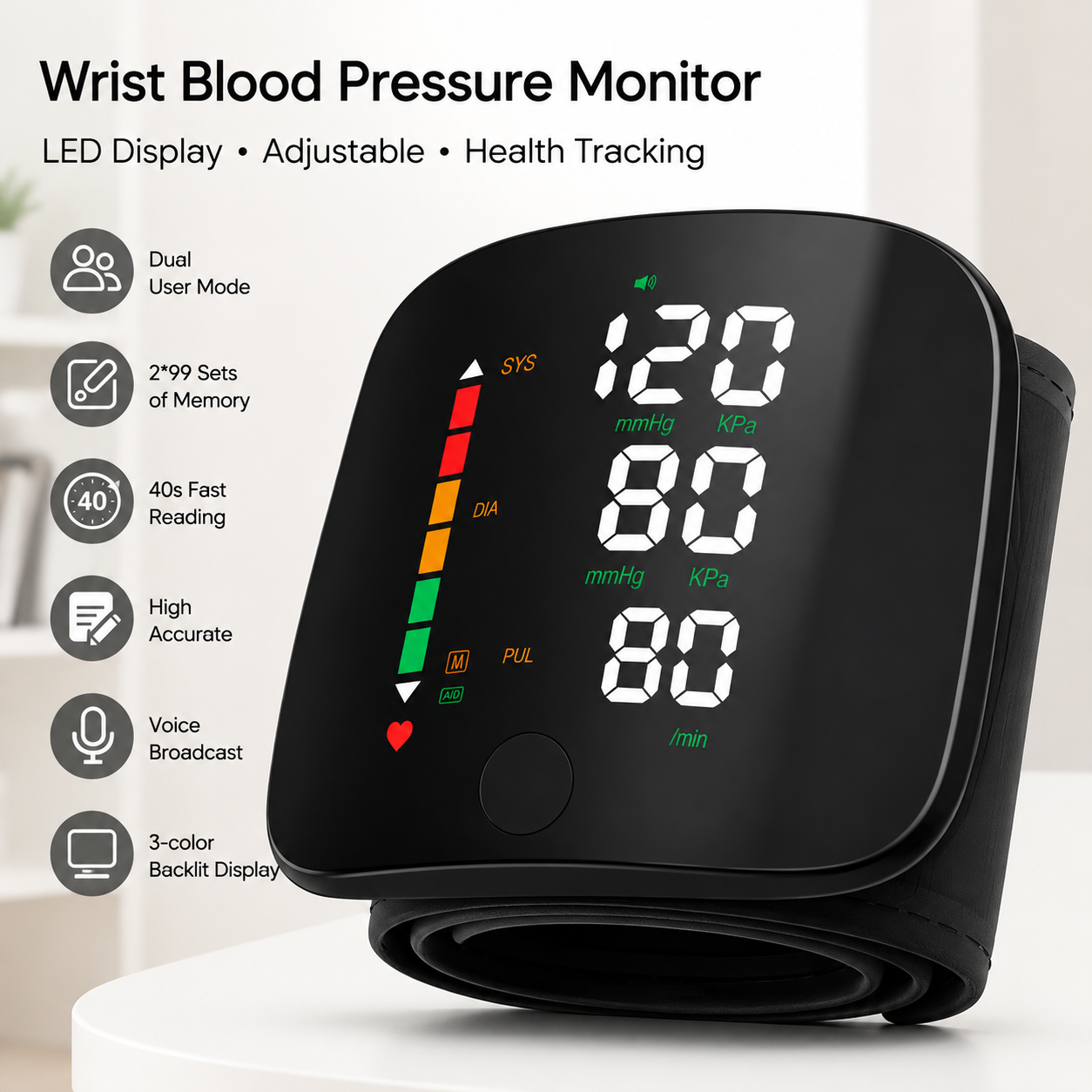 Wrist Blood Pressure Monitor – LED Display, Adjustable, Health Tracking