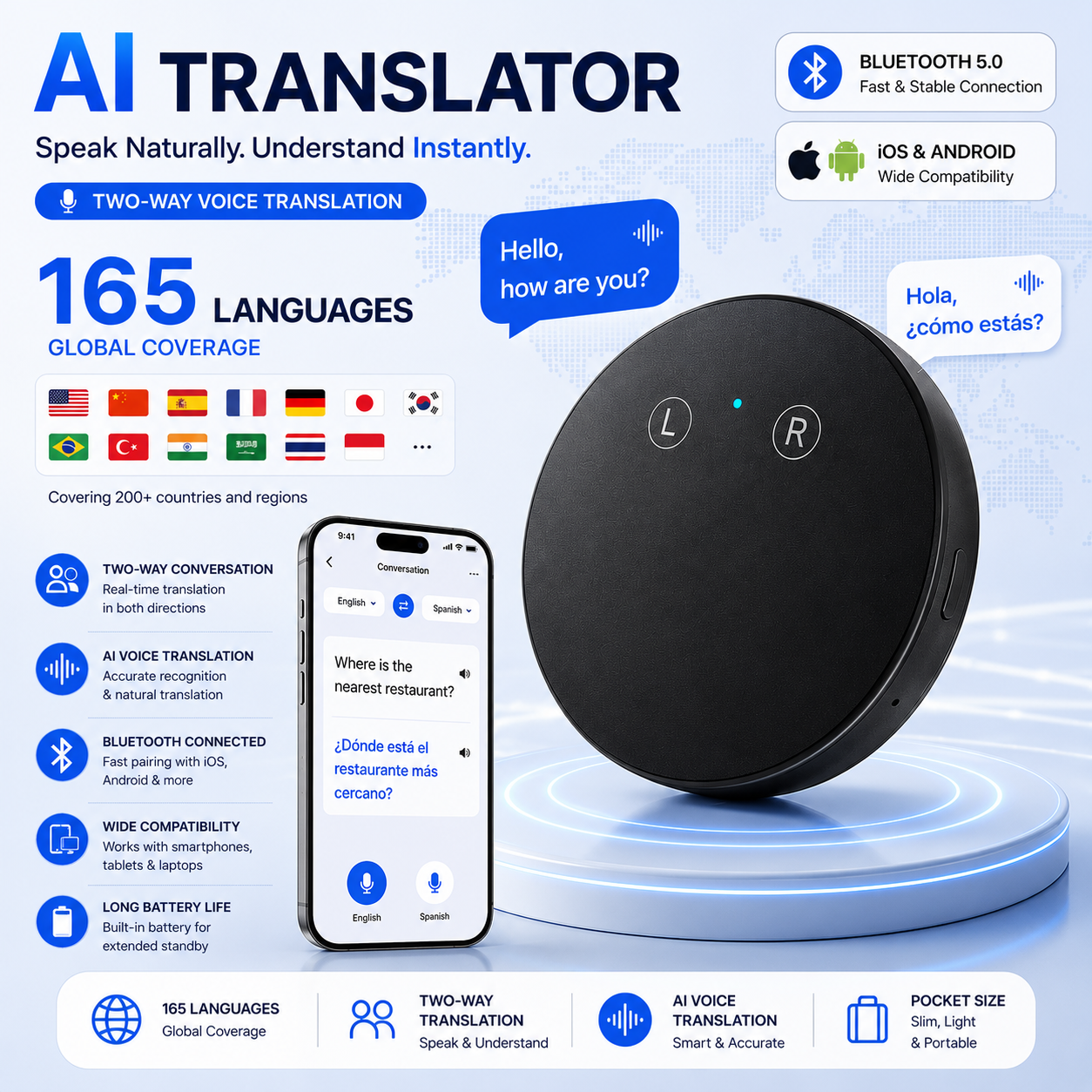 AI Pocket Translator – Real-Time Two-Way Voice Translation in 165+ Languages 💬