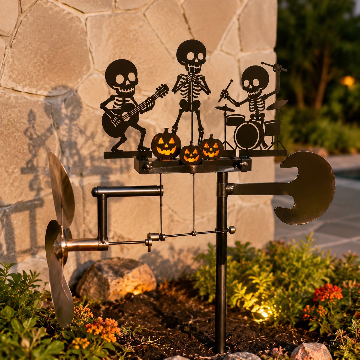 Halloween Skeleton Metal Drummer Kinetic Wind Spinner 💀