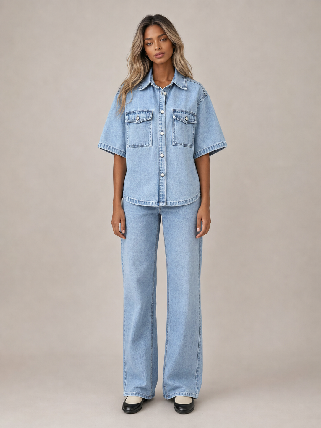 Front view of women's light wash short-sleeve denim shirt and straight jeans set