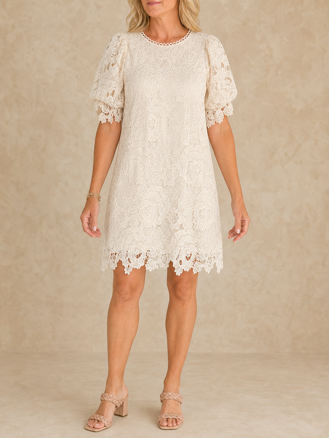 Women's warm ivory floral lace puff sleeve shift dress front view