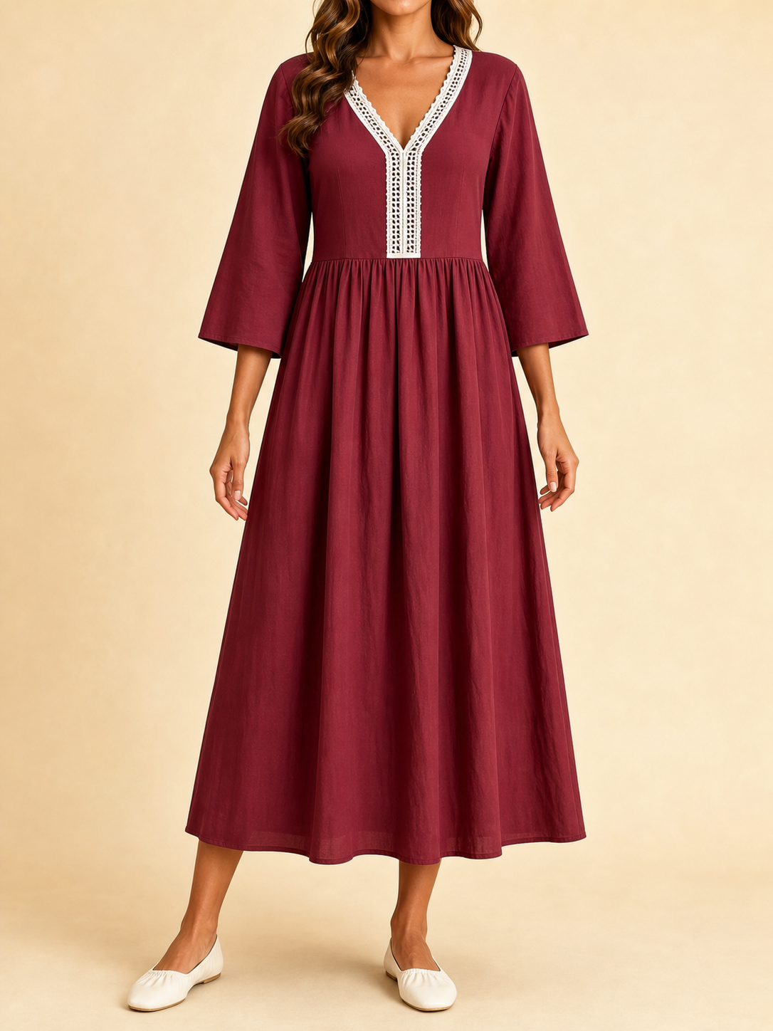 Women's burgundy contrast-lace bell-sleeve dress front view