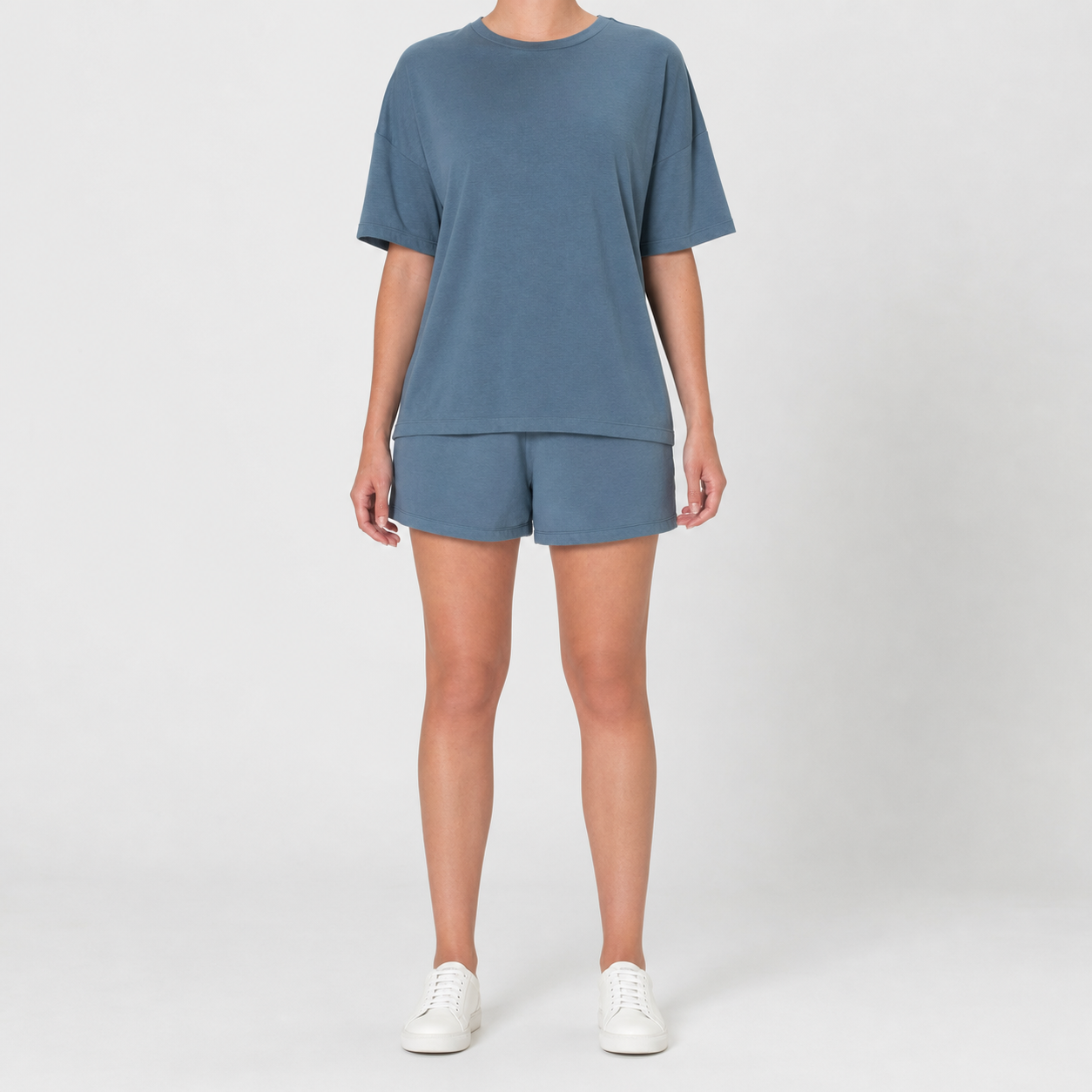 Slate blue women's relaxed short-sleeve top and shorts set front view