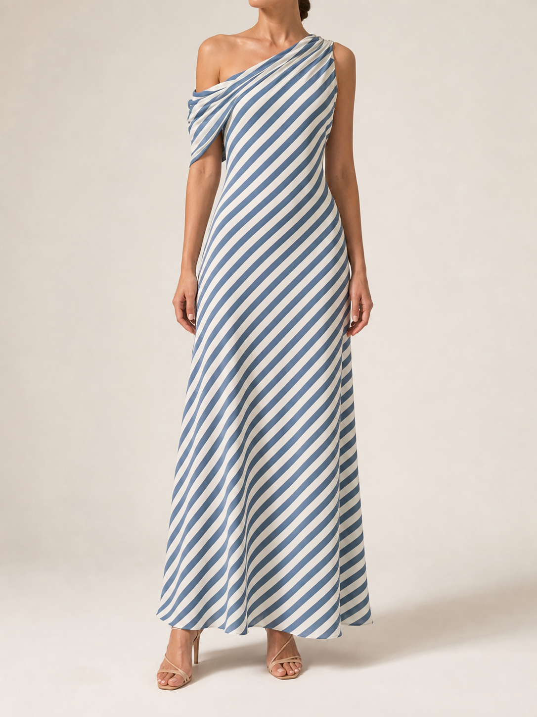 Women's blue-gray and ivory diagonal stripe one-shoulder maxi dress front view