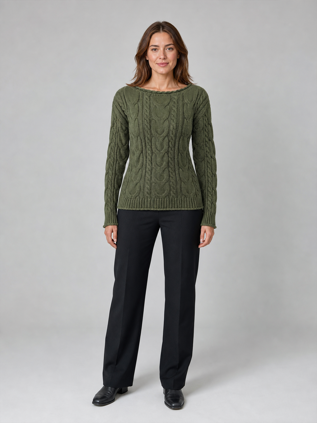 Women's olive cable knit sweater front view