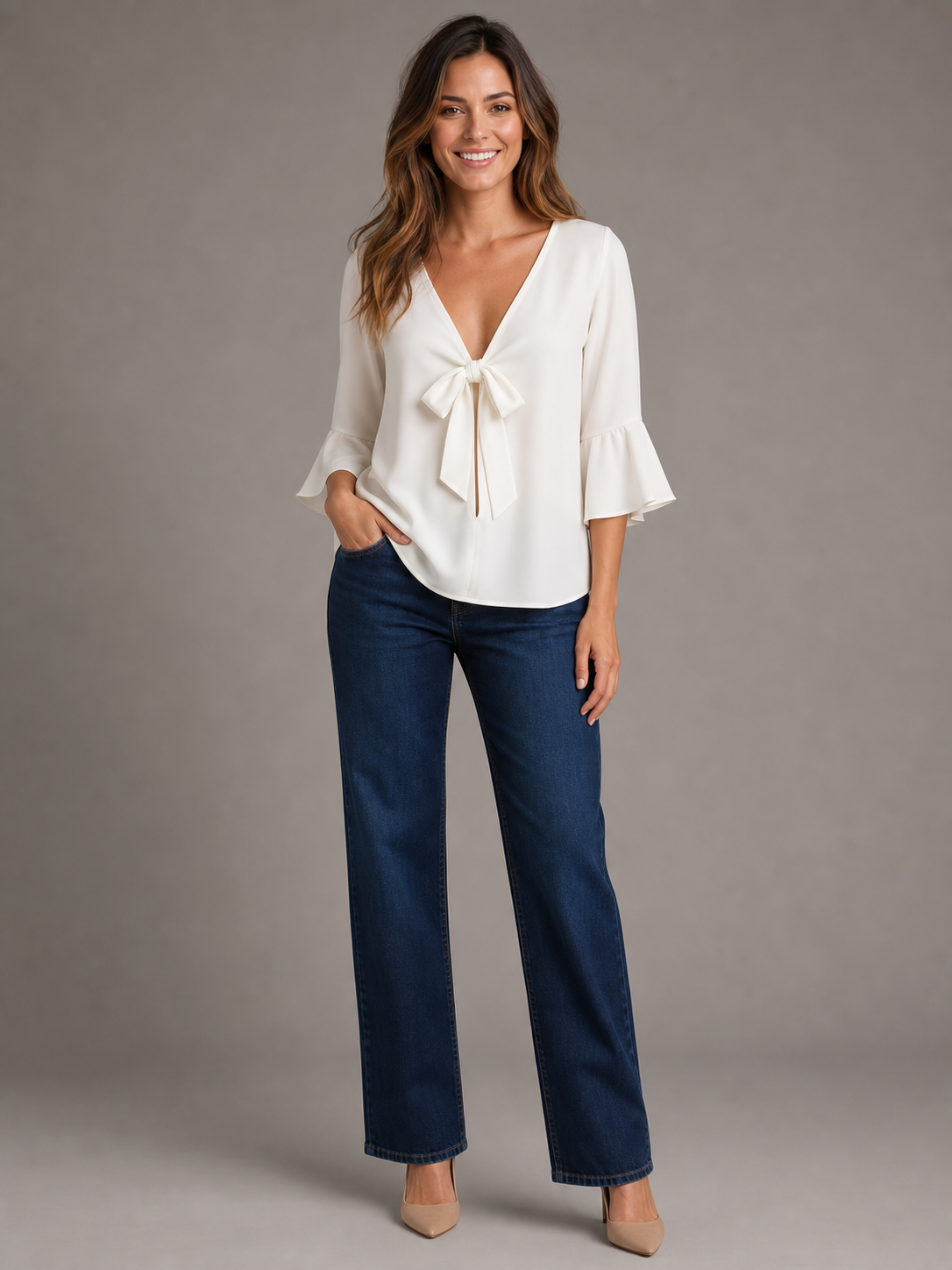 Women's ivory tie-front bell-sleeve blouse front view