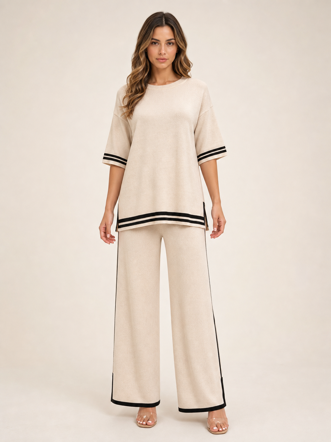 Women's warm ivory contrast trim knit top and wide leg pants set front view
