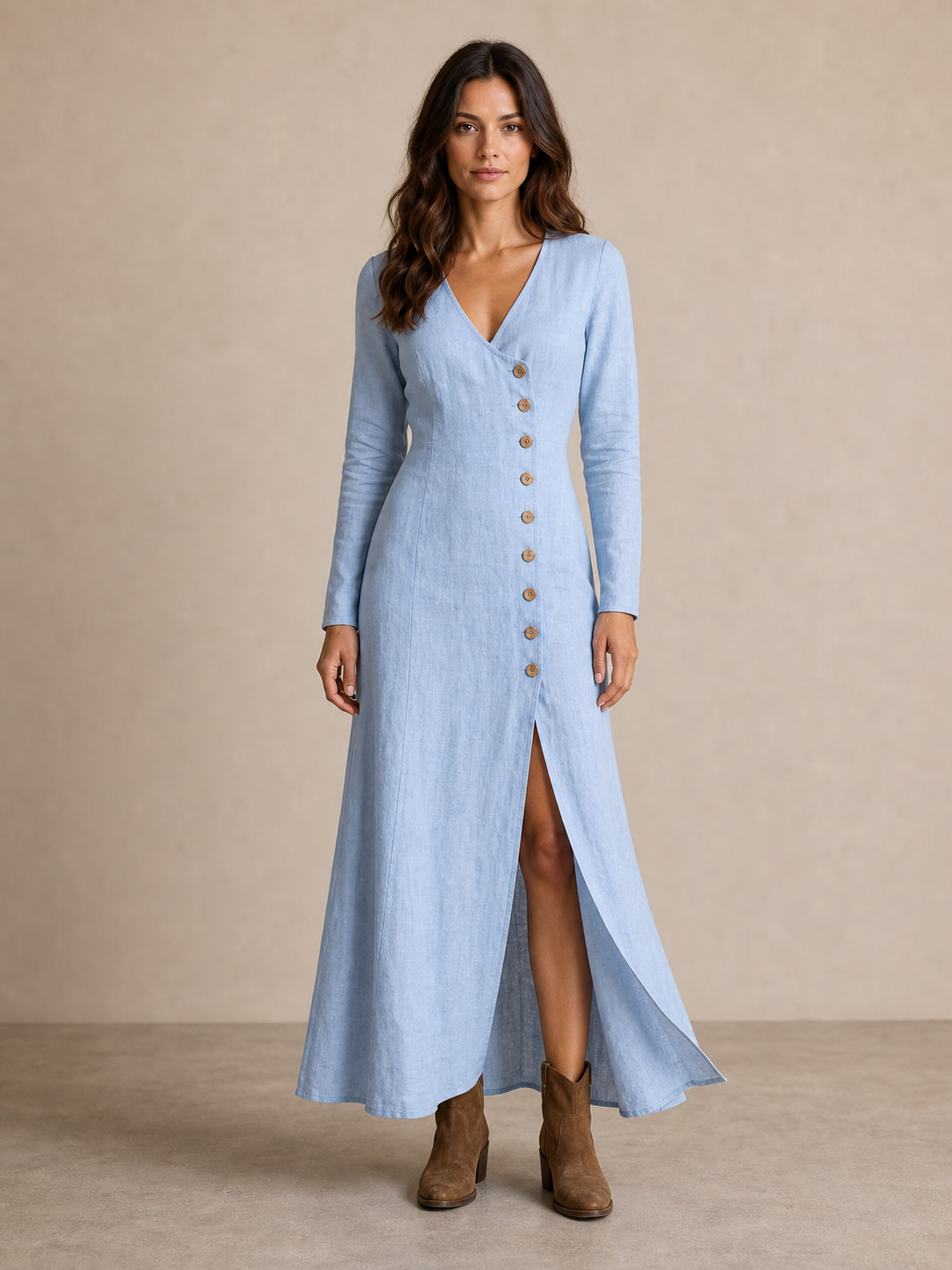 Women's powder blue V-neck button slit maxi dress front view
