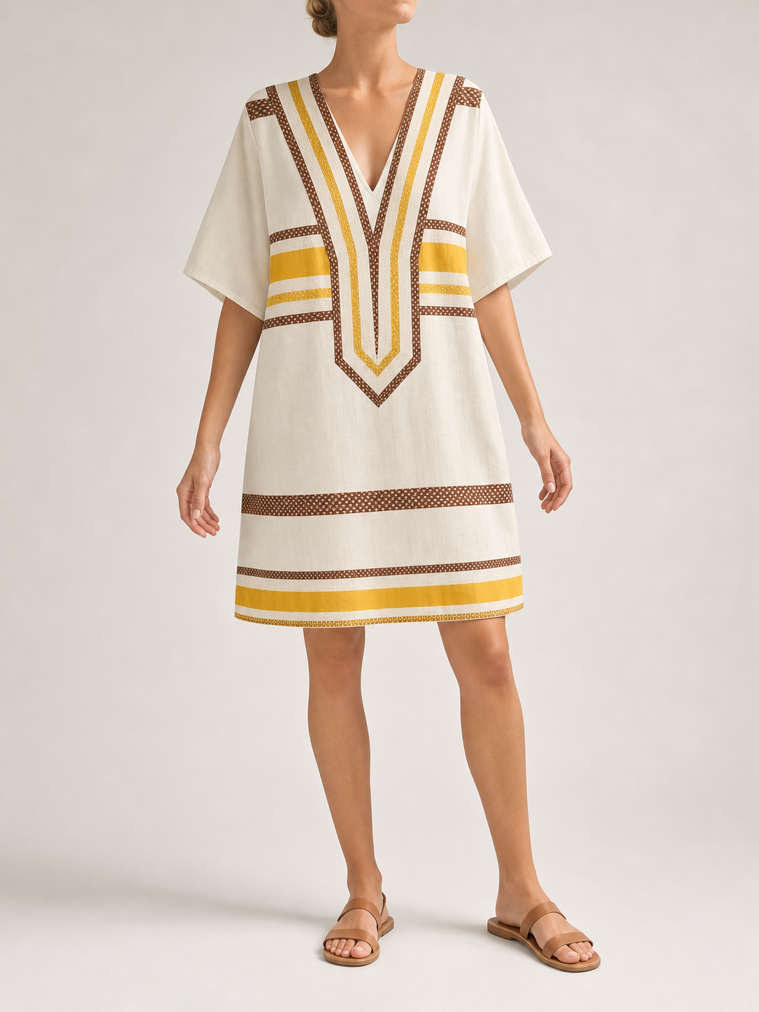 Women's ivory geometric trim kaftan mini dress front view