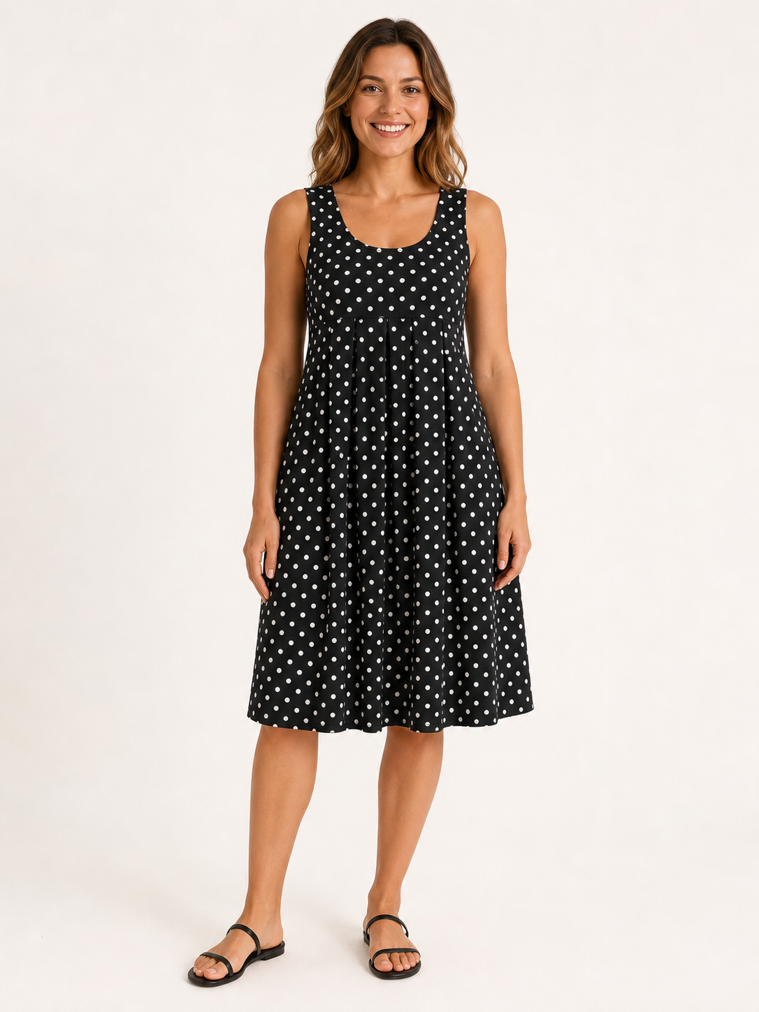 Women's black and white polka dot empire-waist swing dress front view
