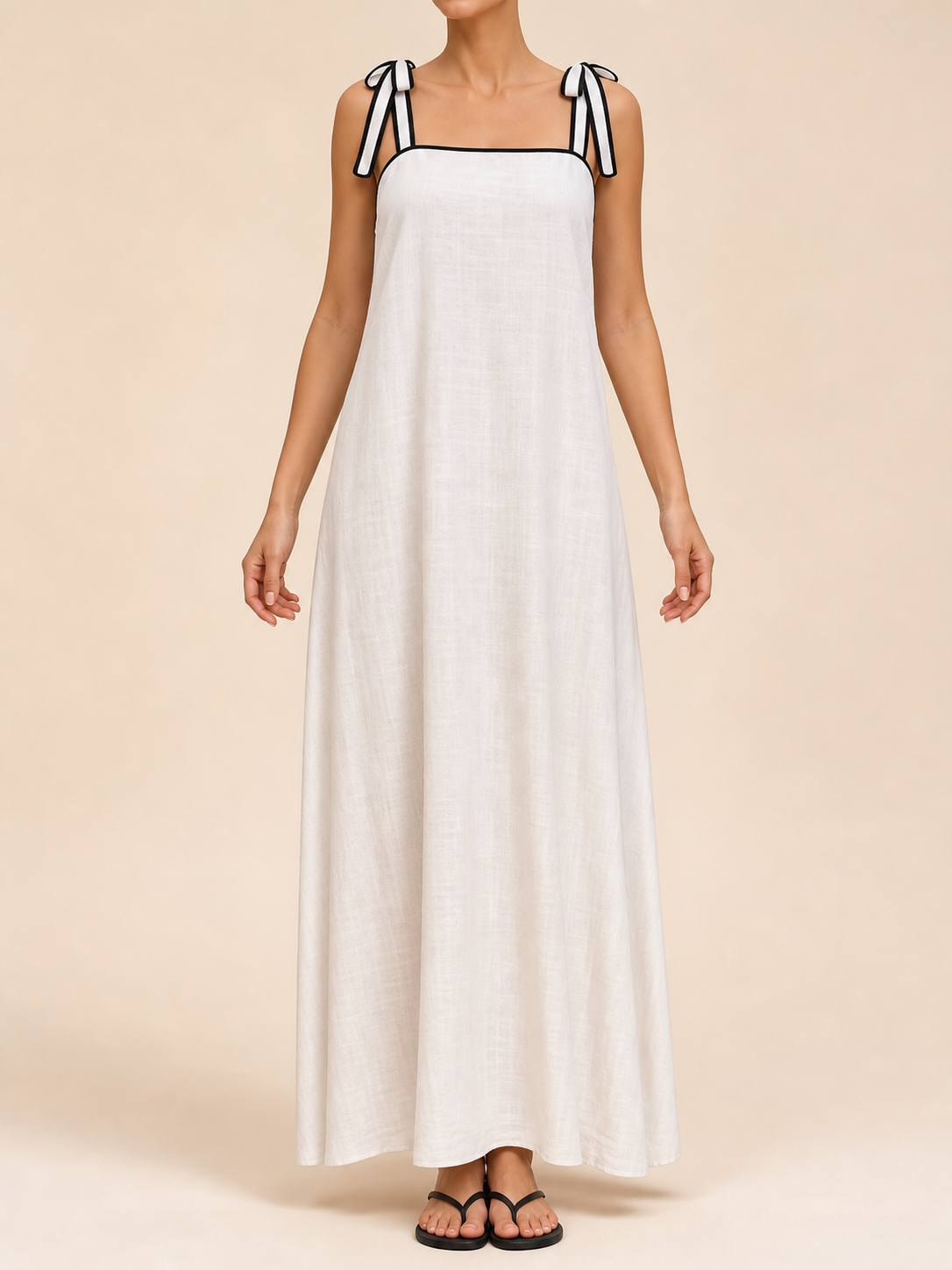 Women's soft-white black-trim tie-shoulder maxi dress front view