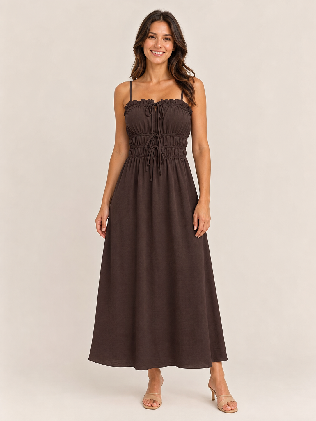 Women's chocolate ruched drawstring maxi dress front view