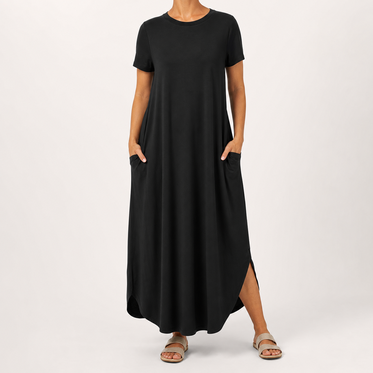 Black women's relaxed short-sleeve pocket maxi dress front view