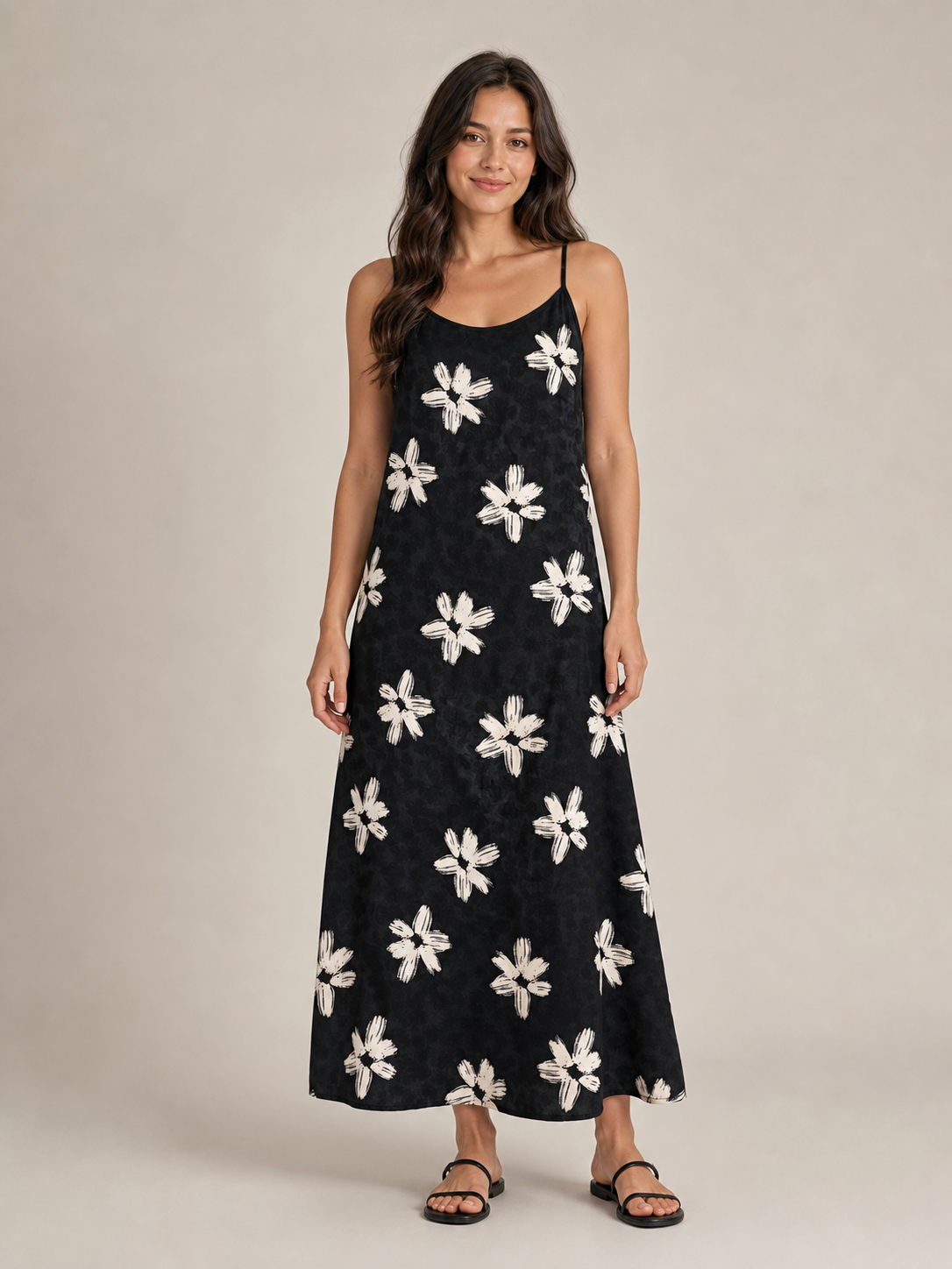 Women's black ivory floral camisole maxi dress front view