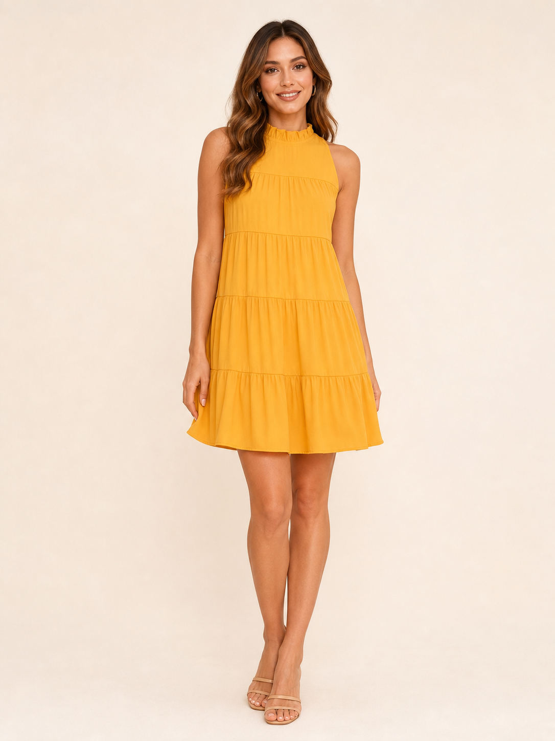 Women's mustard ruffled mock neck tiered mini dress front view