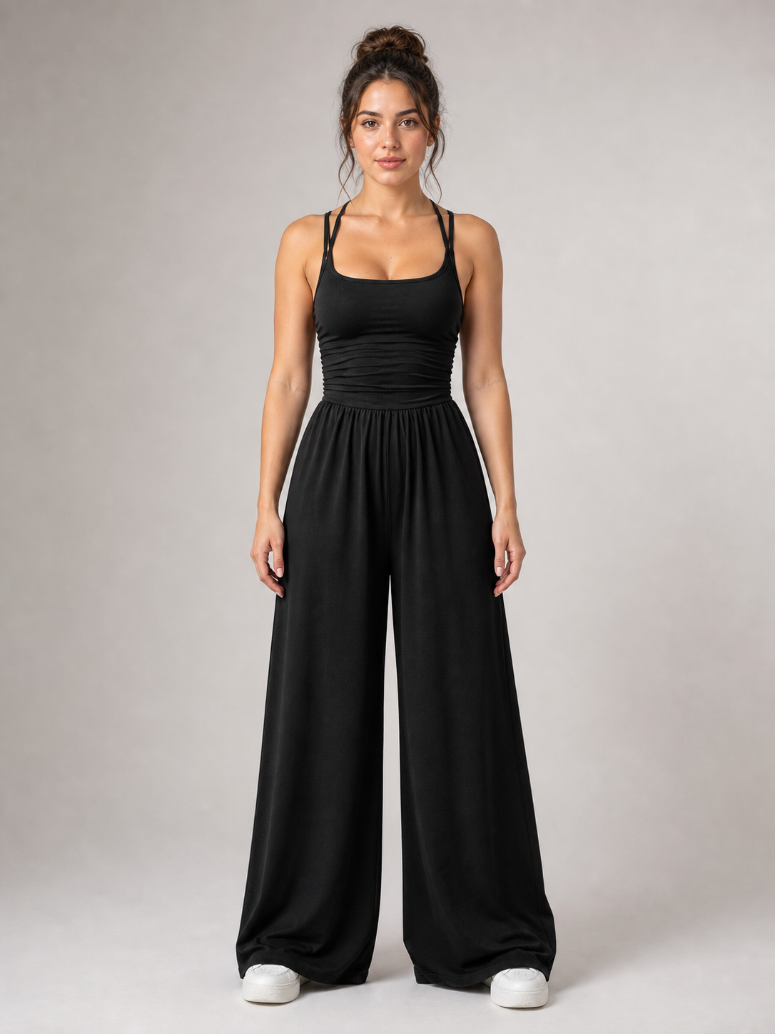 Women's black scoop-neck wide-leg jumpsuit front view