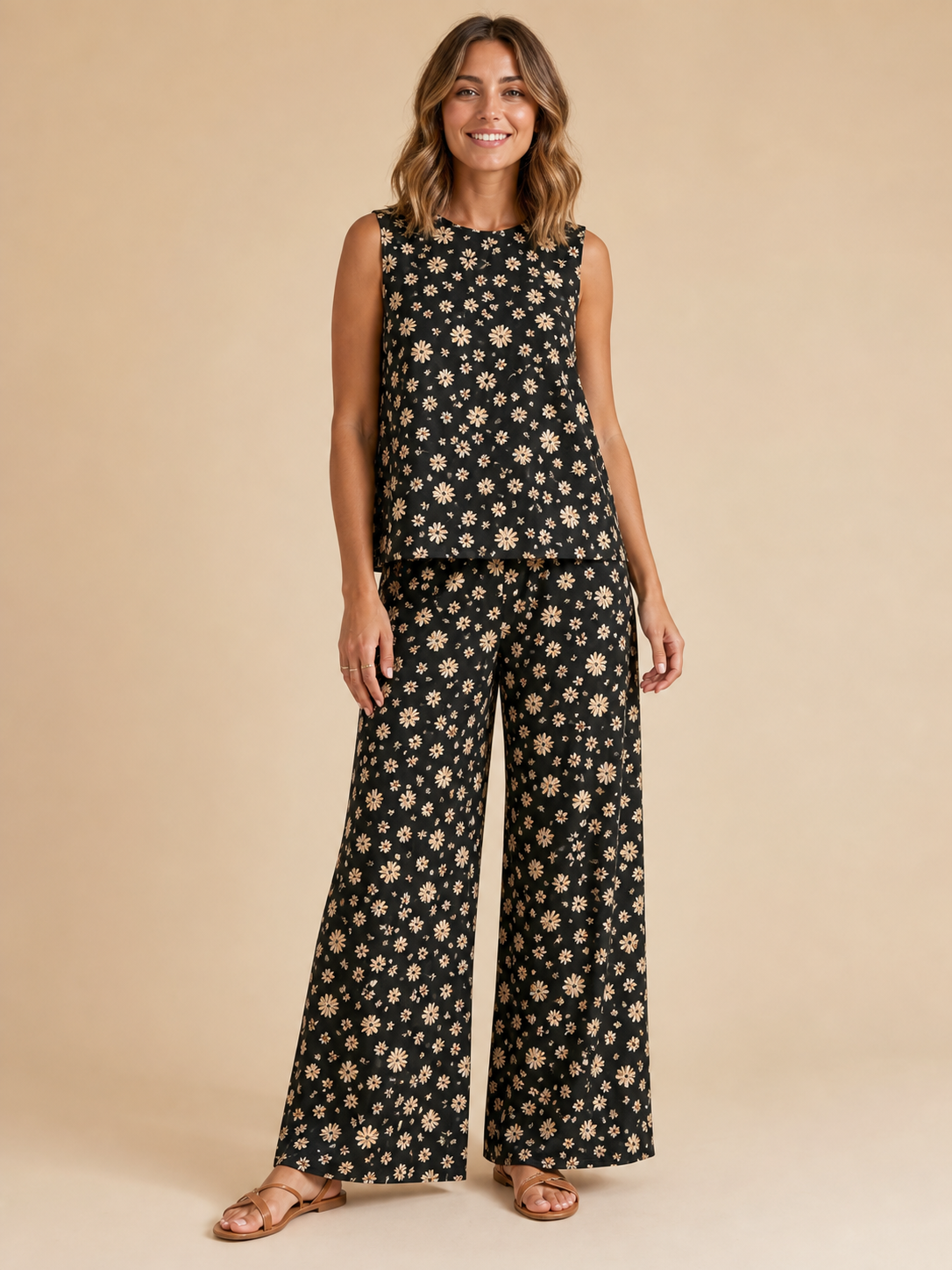 Front view of women's black daisy sleeveless wide-leg set