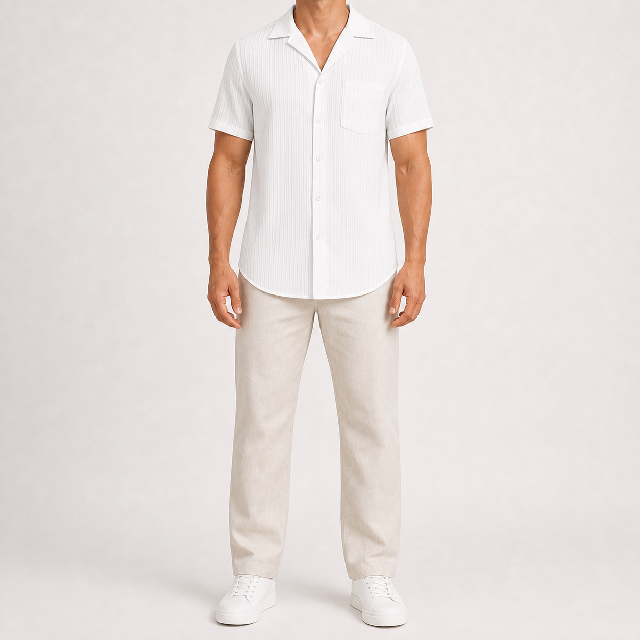 White men's pleated texture short-sleeve shirt