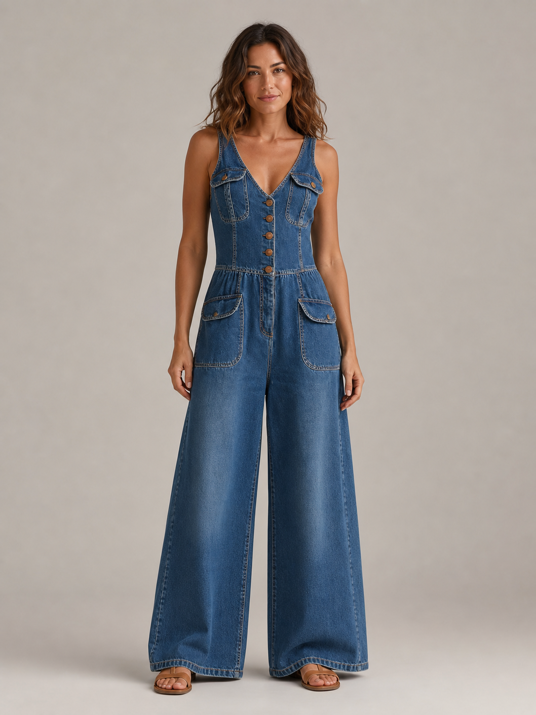 Women's blue denim button-front wide-leg jumpsuit front view