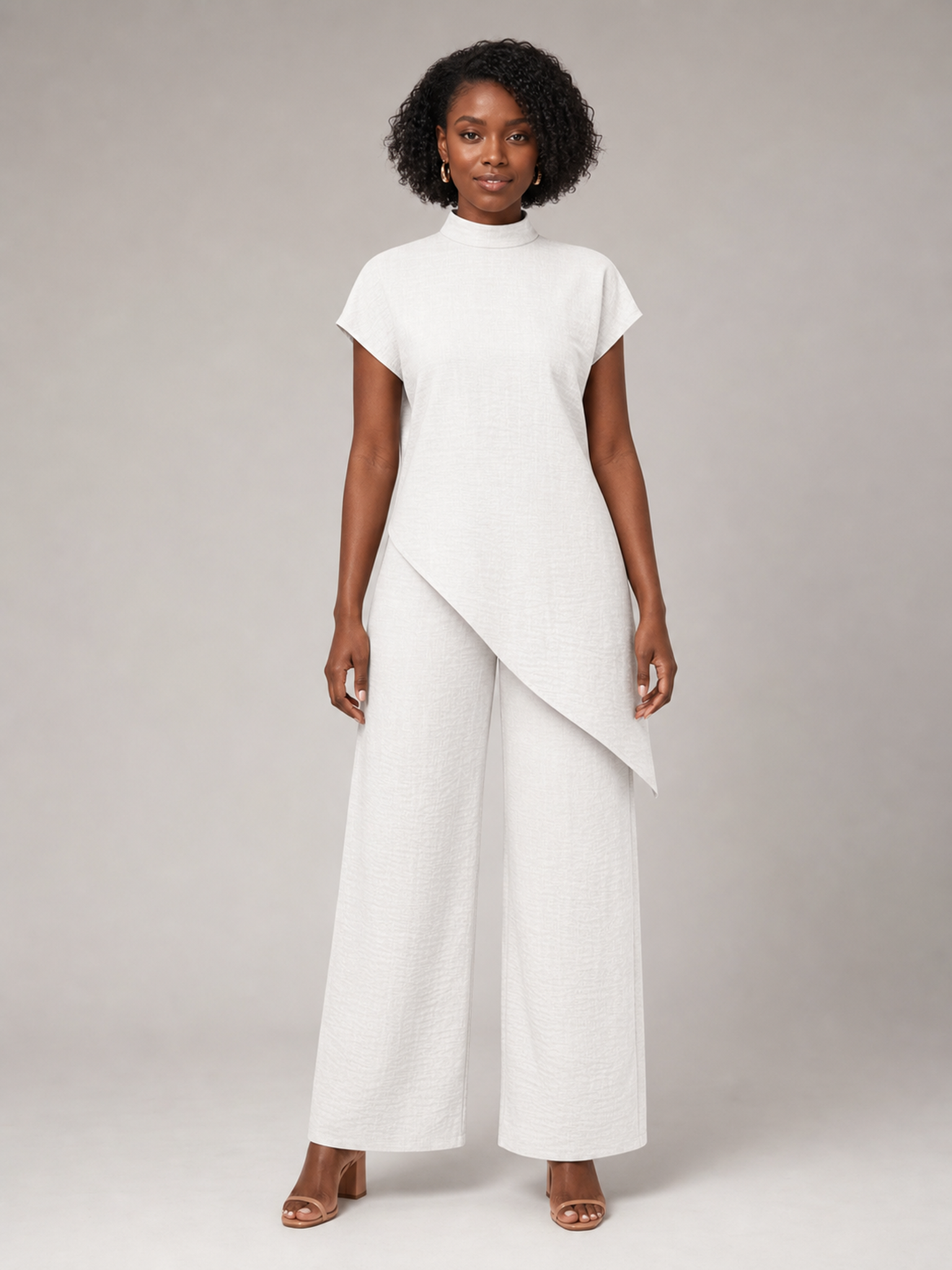 Women's ivory mock-neck asymmetric tunic and wide-leg pants set front view