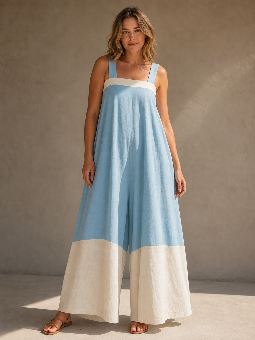Front view of women's sky blue and ivory wide-leg jumpsuit