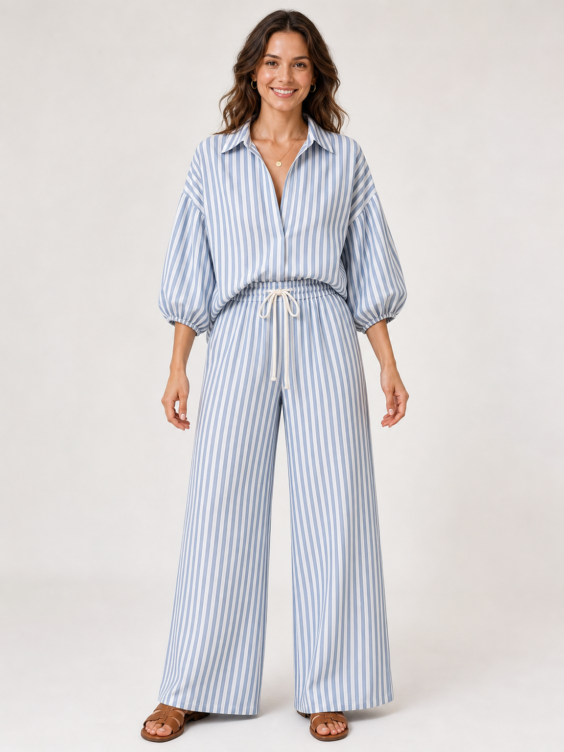 Women's blue and white striped shirt and wide leg pants set front view
