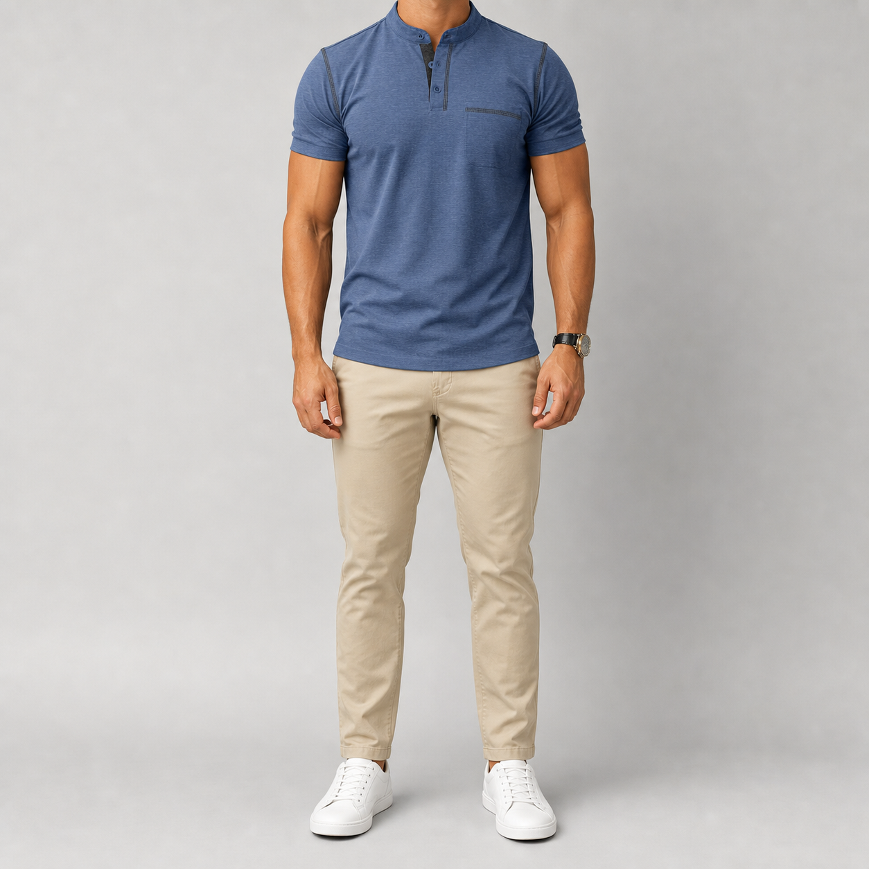 Men's heathered slate blue short sleeve Henley shirt