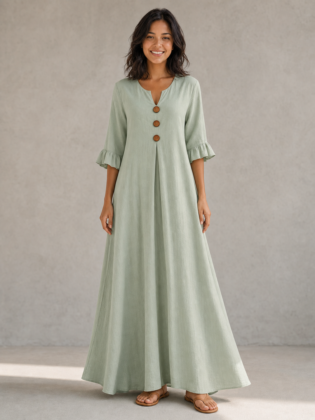 Women's sage wood-button ruffle-sleeve maxi dress full-length studio front view