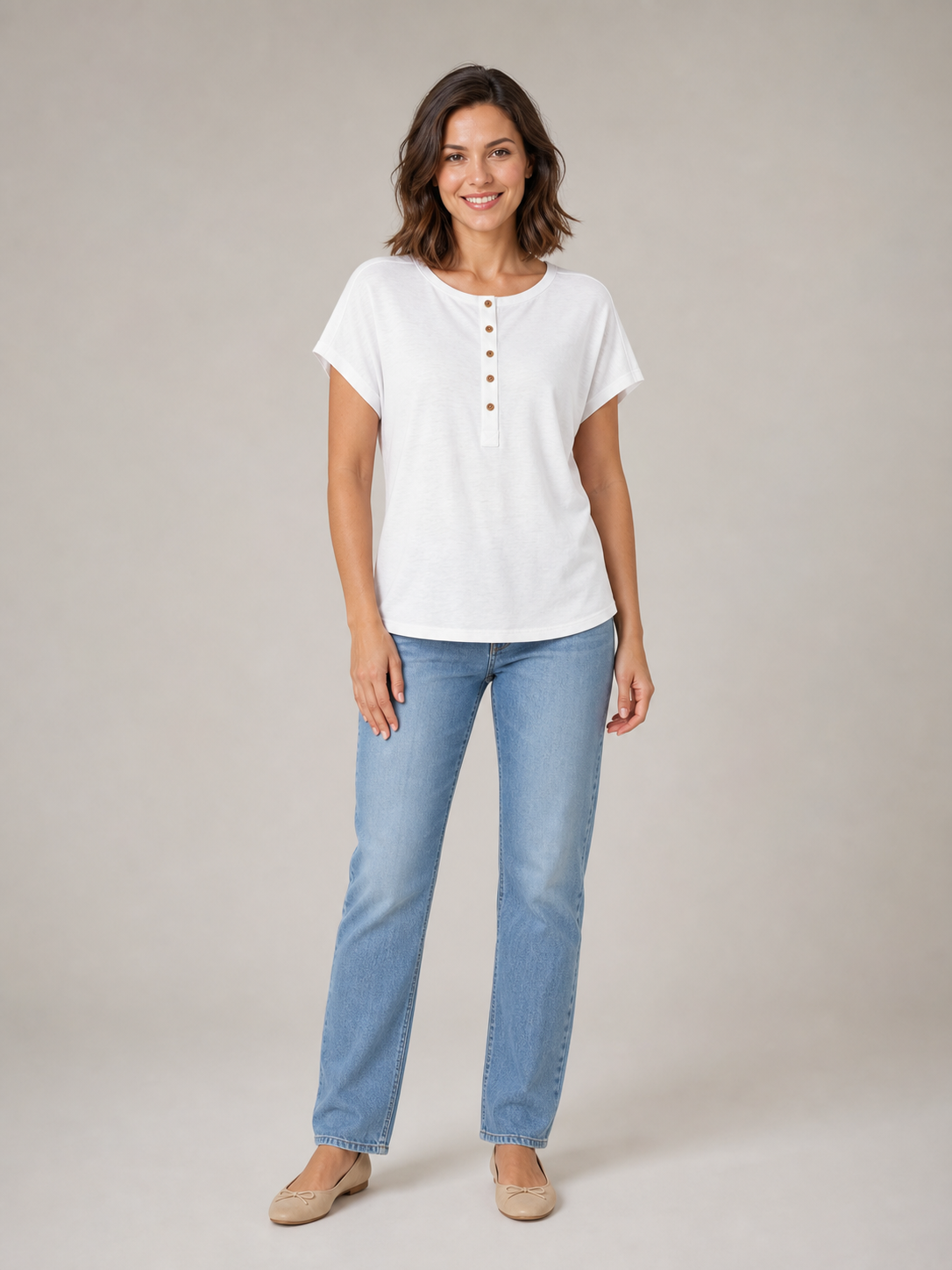 Women's soft white button Henley dolman top front view