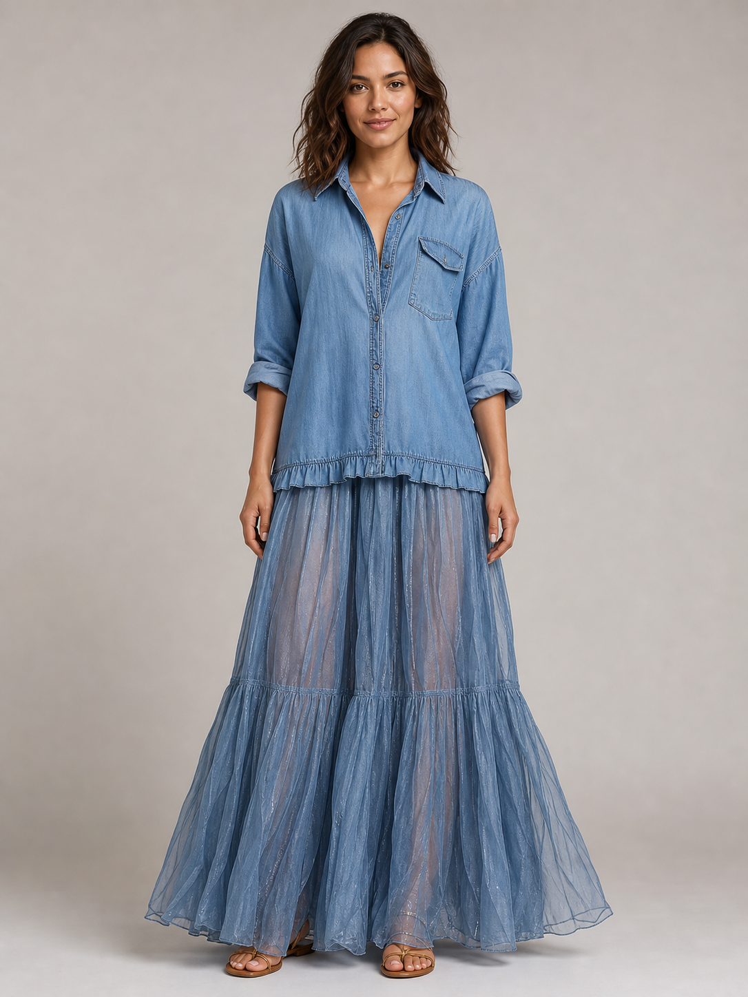 Women's washed blue ruffle shirt and sheer tiered maxi skirt set front view