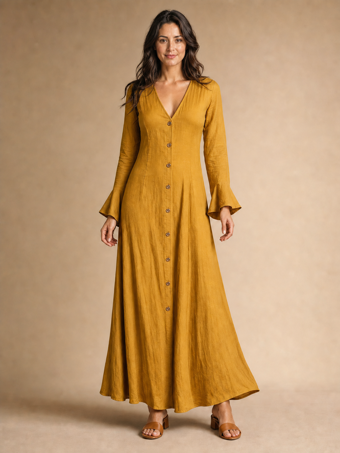 Women's mustard V-neck button-front bell-sleeve maxi dress front view