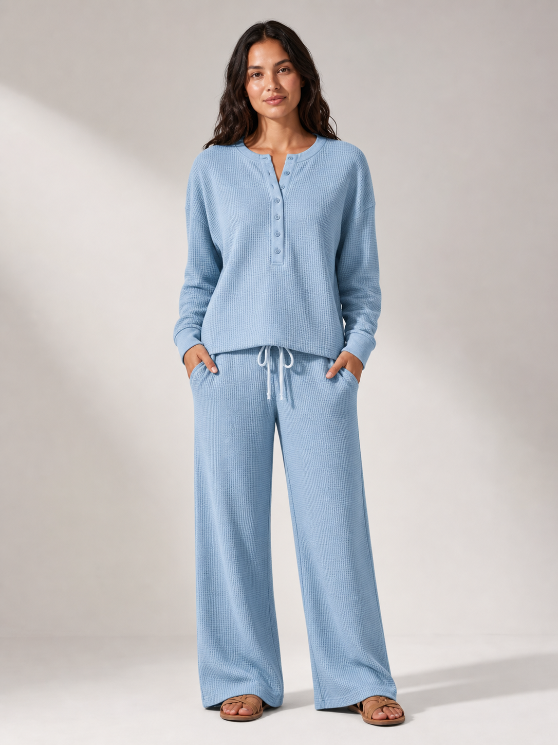 Women's light blue waffle Henley top and wide-leg lounge pants set front view