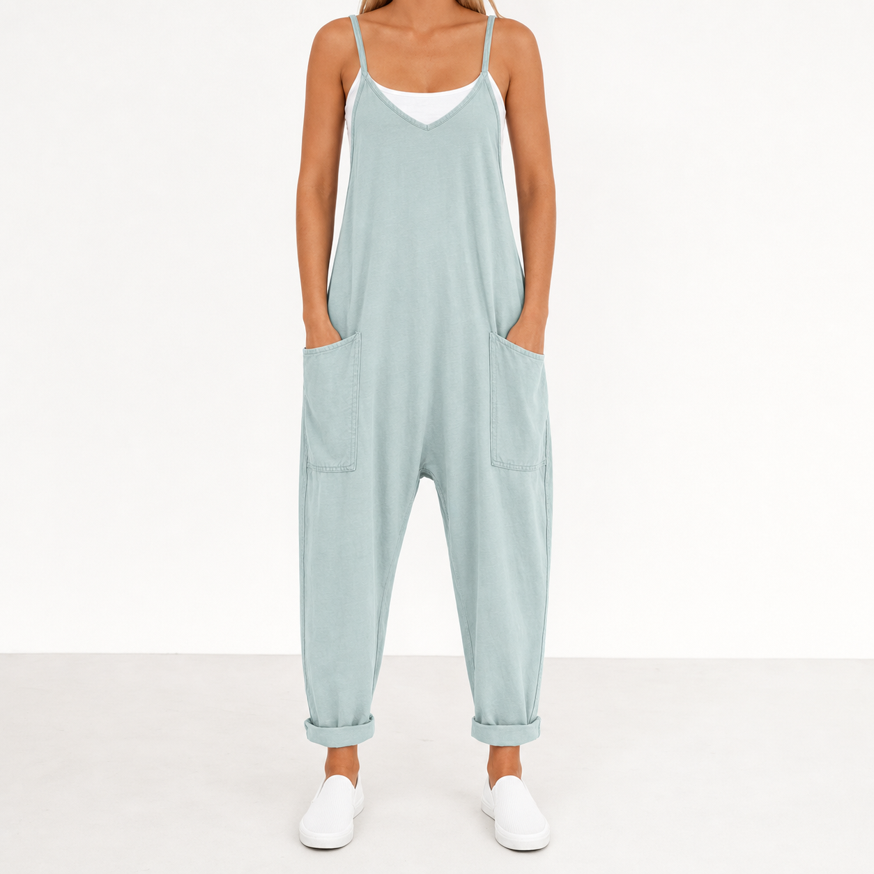 Women's dusty mint relaxed V-neck pocket jumpsuit front view