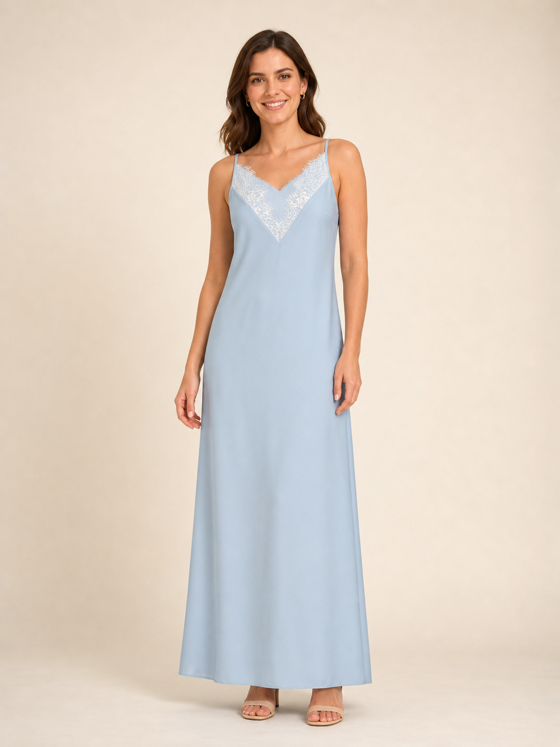 Women's powder blue lace trim slip maxi dress front view