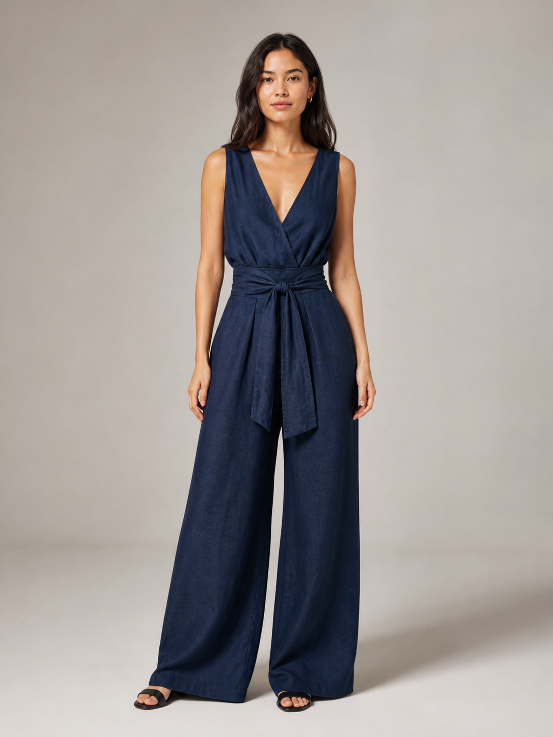Women's deep navy wrap V-neck belted wide-leg jumpsuit front view