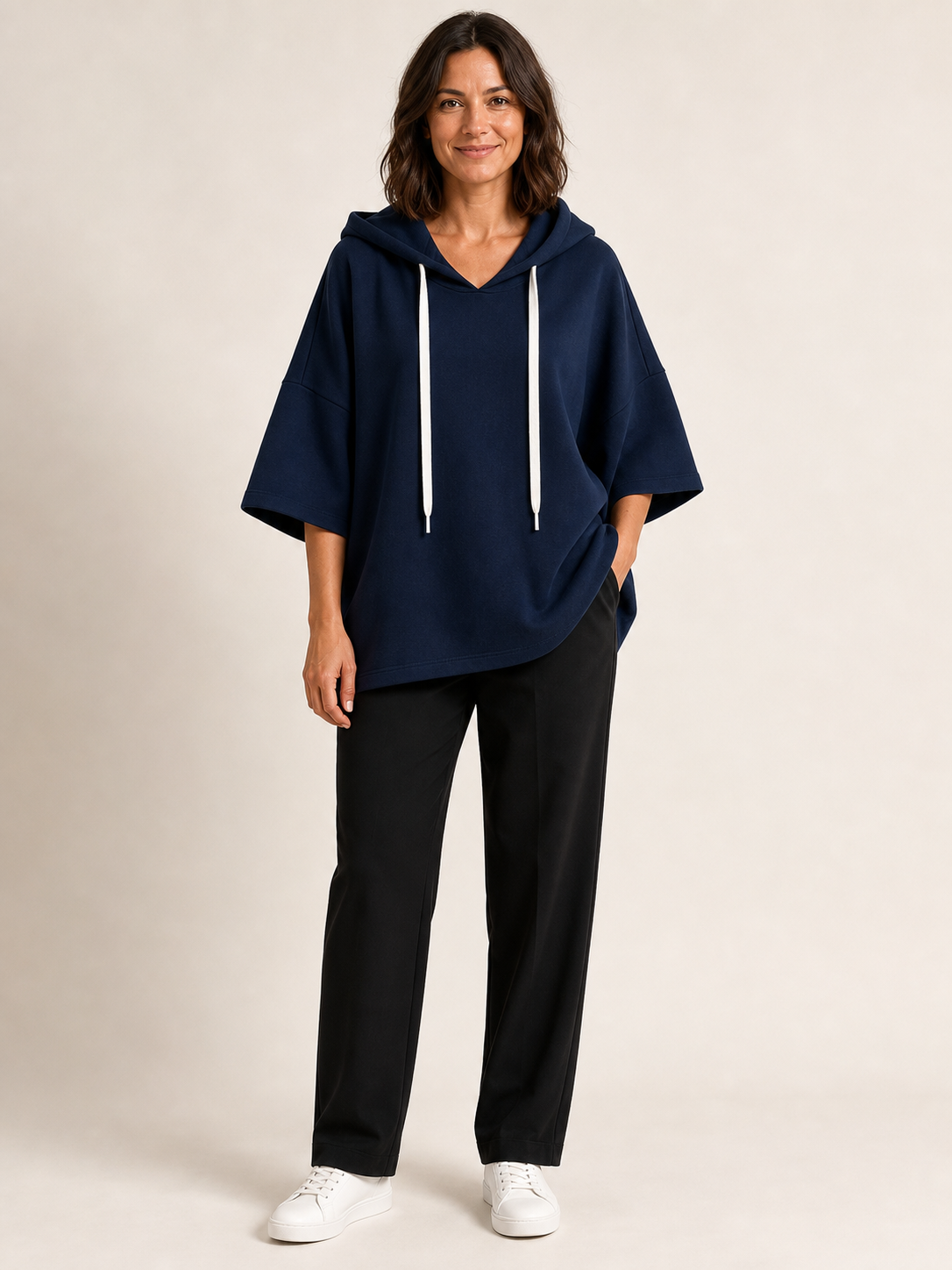 Women's navy oversized short-sleeve drawstring hoodie top front view