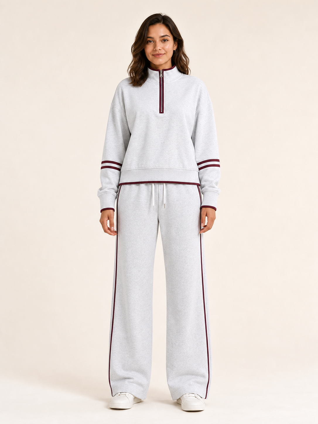Women's light heather grey burgundy half-zip wide-leg set front view