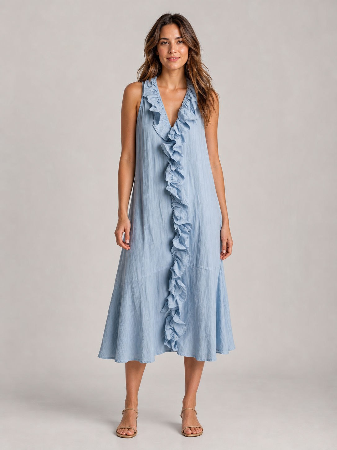 Women's powder blue cascading ruffle loose midi dress front view