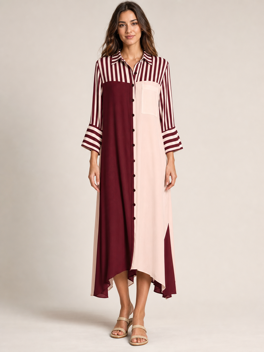 Women's burgundy blush colorblock striped shirt dress front view