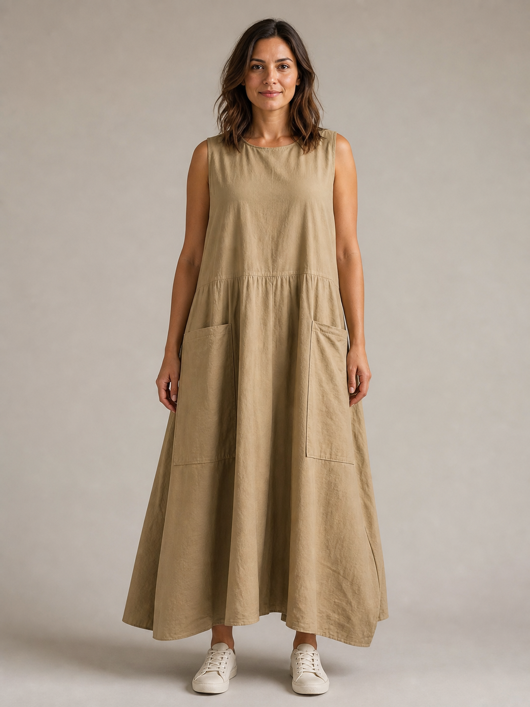 Women's khaki sleeveless loose utility maxi dress front view