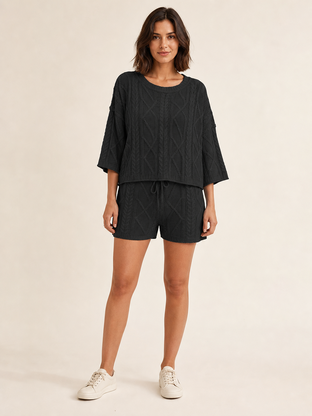 Women's charcoal openwork cable-knit top and shorts set front view